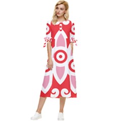 A Red And White Pattern With A Flower On It Bow Sleeve Chiffon Midi Dress