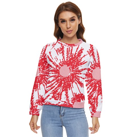 A Drawing Of A Red Flower On A White Background Women s Long Sleeve Raglan T-shirt by catchydesignhill