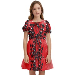 A Red Flower With A Black Center On A Black Background Kids  Puff Sleeved Dress by catchydesignhill