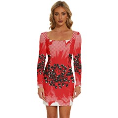 A Red Flower With A Black Center On A Black Background Long Sleeve Square Neck Bodycon Velvet Dress by catchydesignhill