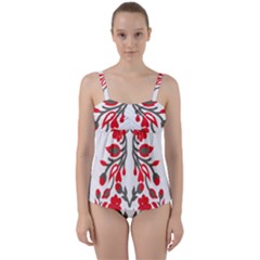 A Red And Beige Scarf With A Picture Of A Woman Holding A Tennis Racket Twist Front Tankini Set by catchydesignhill