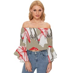 A Design Of A Red Flower On A White Background Off Shoulder Flutter Bell Sleeve Top