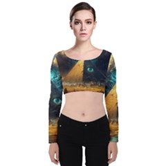 Mystic Blue Pyramid Art Velvet Long Sleeve Crop Top by ExtraGoodSauce