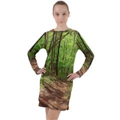 Peaceful Green Forest Walk Long Sleeve Hoodie Dress by ExtraGoodSauce