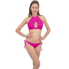 A Pink Background With A Black Border Cross Front Halter Bikini Set by catchydesignhill