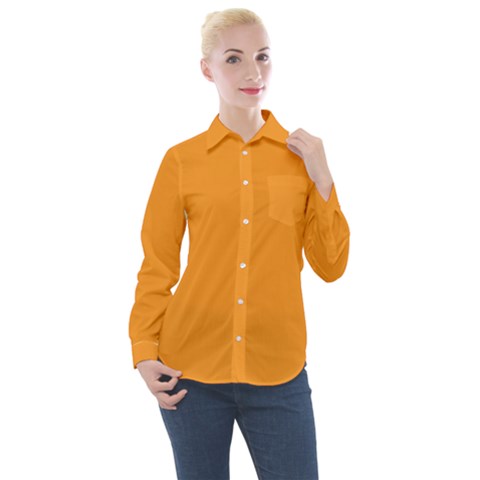 Brown, Amber, Yellow, Peach, Pattern, Font, Event Women s Long Sleeve Pocket Shirt by catchydesignhill