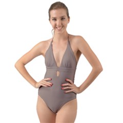 A Brown Wall With A Clock On It Halter Cut-out One Piece Swimsuit by catchydesignhill