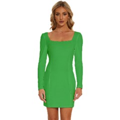 A Green Background With A White Border Long Sleeve Square Neck Bodycon Velvet Dress