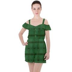 Green Diamond Grid Pattern Ruffle Cut Out Chiffon Playsuit by ExtraGoodSauce