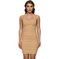 An Orange And White Background With Small Squares Sleeveless Wide Square Neckline Ruched Bodycon Dress