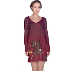 Dragon Maroon Chinese Pattern Long Sleeve Nightdress by CoolDesigns