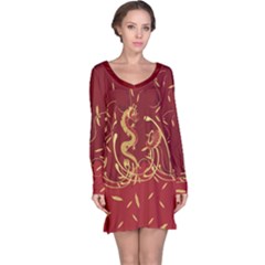 Vintage Dragon Dark Red Chinese Print Long Sleeve Nightdress by CoolDesigns