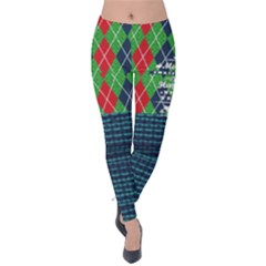 Dark Blue & Green Argyle Merry Christmas Velvet Leggings