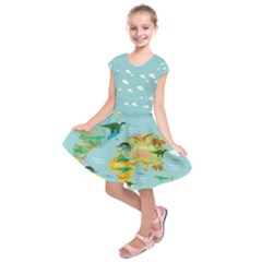 Powder Blue Maps Of The World & Dinosaurs Kids Short Sleeve Dress by CoolDesigns