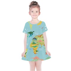 Powder Blue Maps Of The World & Dinosaurs Kids Cotton Dress by CoolDesigns