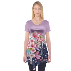 Violet Vintage Sakura Blossom Short Sleeve Tunic Top by CoolDesigns