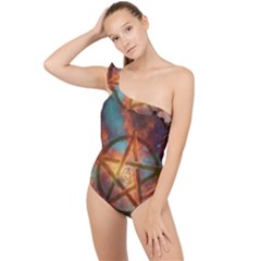 Enchanted Nebula Pentagram Art Frilly One Shoulder Swimsuit by ExtraGoodSauce