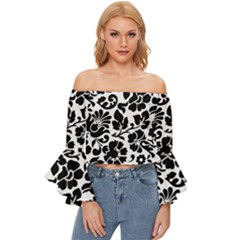 Black Floral Background, Vintage Floral Pattern Off Shoulder Flutter Bell Sleeve Top