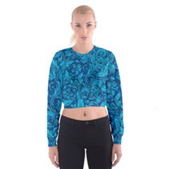 Blue Floral Pattern Texture, Floral Ornaments Texture, Blue Floral Background Cropped Sweatshirt by kyorashop23