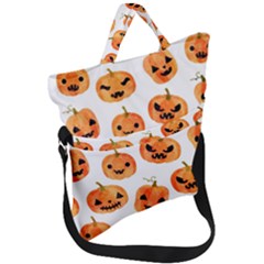 Orange Carved Pumpkins, Adoxali, Halloween Fold Over Handle Tote Bag