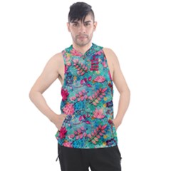 Pink On Blue Leaves Men s Sleeveless Hoodie by kyorashop23