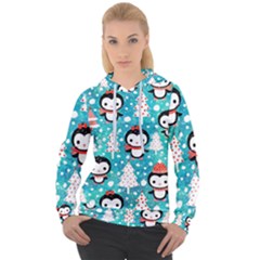 Blue Penguin Pattern, Adoxali, Christmas, Cute Women s Overhead Hoodie by kyorashop23