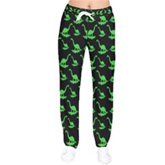 Green Neon Dinos Women Velvet Drawstring Pants