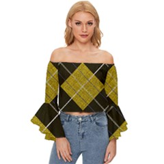 Yellow Plaid Off Shoulder Flutter Bell Sleeve Top