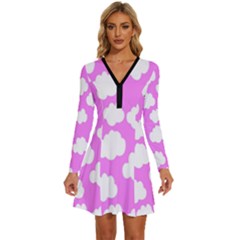 Purple Clouds Long Sleeve Deep V Mini Dress  by ConteMonfrey