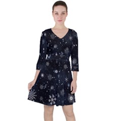 Snowflakes Snow Snowfall Snowing Quarter Sleeve Ruffle Waist Dress