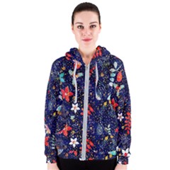 Festive Floral Pattern Christmas Blue Floral Flower Foliage Leaves Pattern Red Snow Winter Women s Zipper Hoodie