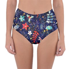 Festive Floral Pattern Christmas Blue Floral Flower Foliage Leaves Pattern Red Snow Winter Reversible High-waist Bikini Bottoms