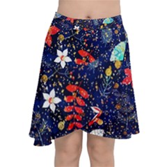 Festive Floral Pattern Christmas Blue Floral Flower Foliage Leaves Pattern Red Snow Winter Chiffon Wrap Front Skirt