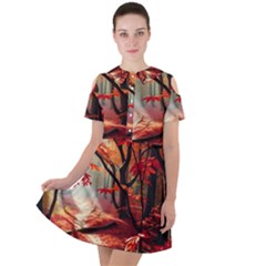 Forest Path Red Nature Short Sleeve Shoulder Cut Out Dress 