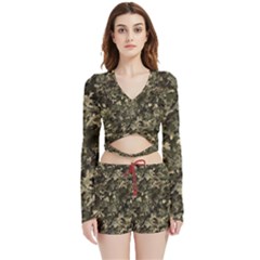 Camouflage Army Survival Uniform Velvet Wrap Crop Top And Shorts Set by Posterlux