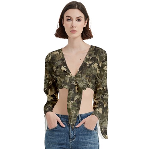 Camouflage Army Survival Uniform Trumpet Sleeve Cropped Top by Posterlux