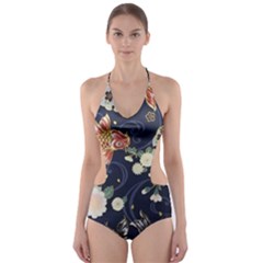 Japanese Wave Koi Illustration Pattern Cut-out One Piece Swimsuit