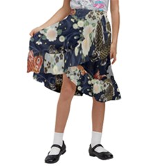 Japanese Wave Koi Illustration Pattern Kids  Ruffle Flared Wrap Midi Skirt by Ndabl3x