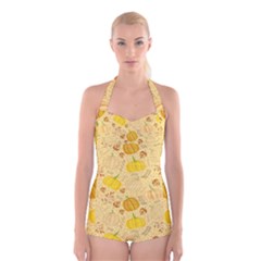 Pumpkins Autumn Fall Harvest Boyleg Halter Swimsuit 