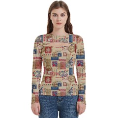 Letters Writing Paper Text Pattern Women s Cut Out Long Sleeve T-shirt by Apenda