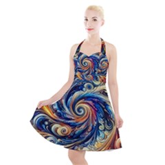 Colorful Motion Abstract Art Halter Party Swing Dress 