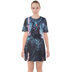 Cyberpunk Demon Samurai Sixties Short Sleeve Mini Dress by AwesomeSauce