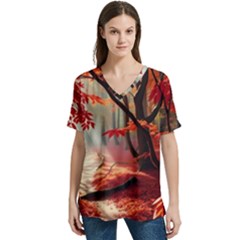 Forest Path Red Nature V-neck Split Shoulder Casual T-shirt by Bedest