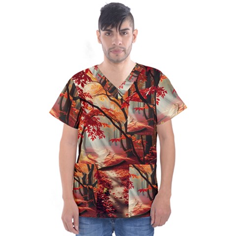 Forest Path Red Nature Men s V-neck Scrub Top by Bedest