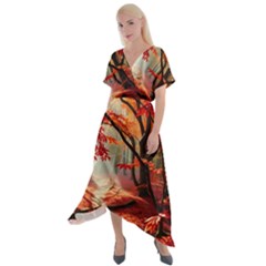 Forest Path Red Nature Cross Front Sharkbite Hem Maxi Dress