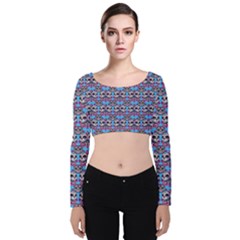 Colorful Sugar Skull Cat Pattern Velvet Long Sleeve Crop Top