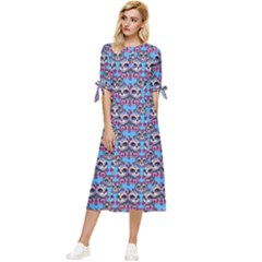 Colorful Sugar Skull Cat Pattern Bow Sleeve Chiffon Midi Dress