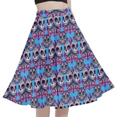 Colorful Sugar Skull Cat Pattern A-line Full Circle Midi Skirt With Pocket