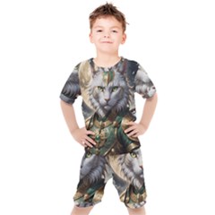 Epic Armored Cat Warrior Kids  T-shirt And Shorts Set by ExtraGoodSauce