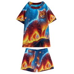 Enchanted Fire Feline Kids  Swim T-shirt And Shorts Set